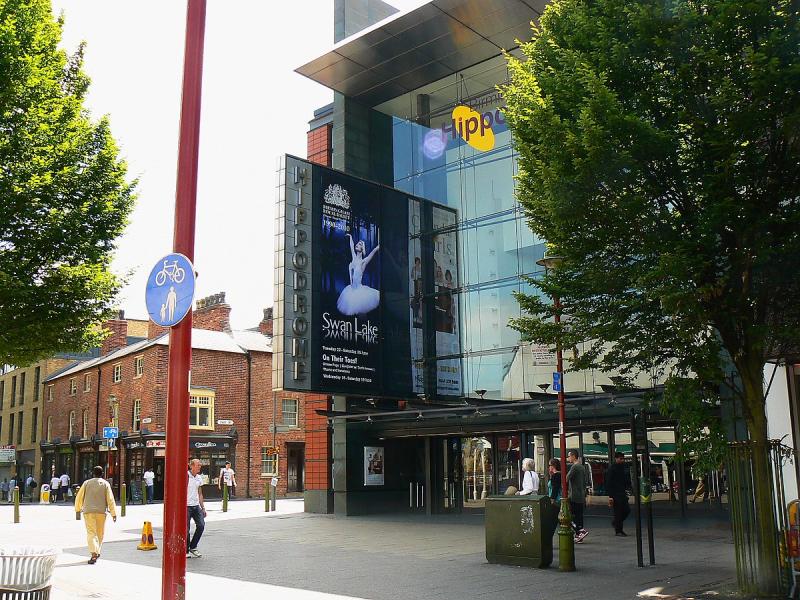 Birmingham Hippodrome building from outside with poster of 'Swan Lake' on display