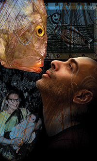 A montage involving a man about to kiss a big fish, and a woman holding a baby.