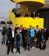 A crowd of new recruits standing outside the Southbank Centre