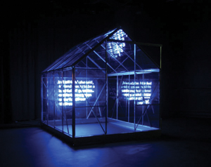 A lighting installation - the frame of a shed, with blue lights