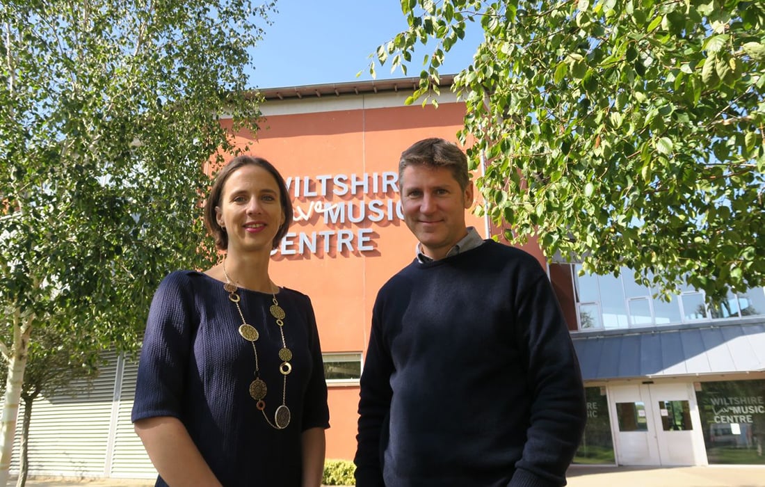 Maud Sain-Sardos (left) and James Slater (right) outside Wiltshire Music Centre