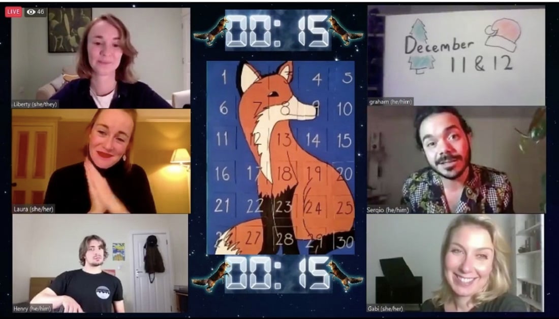 title confrence call screen with 6 performers working from home and a digital advent calender displayed in the center. A digital clock is counting down from 15.