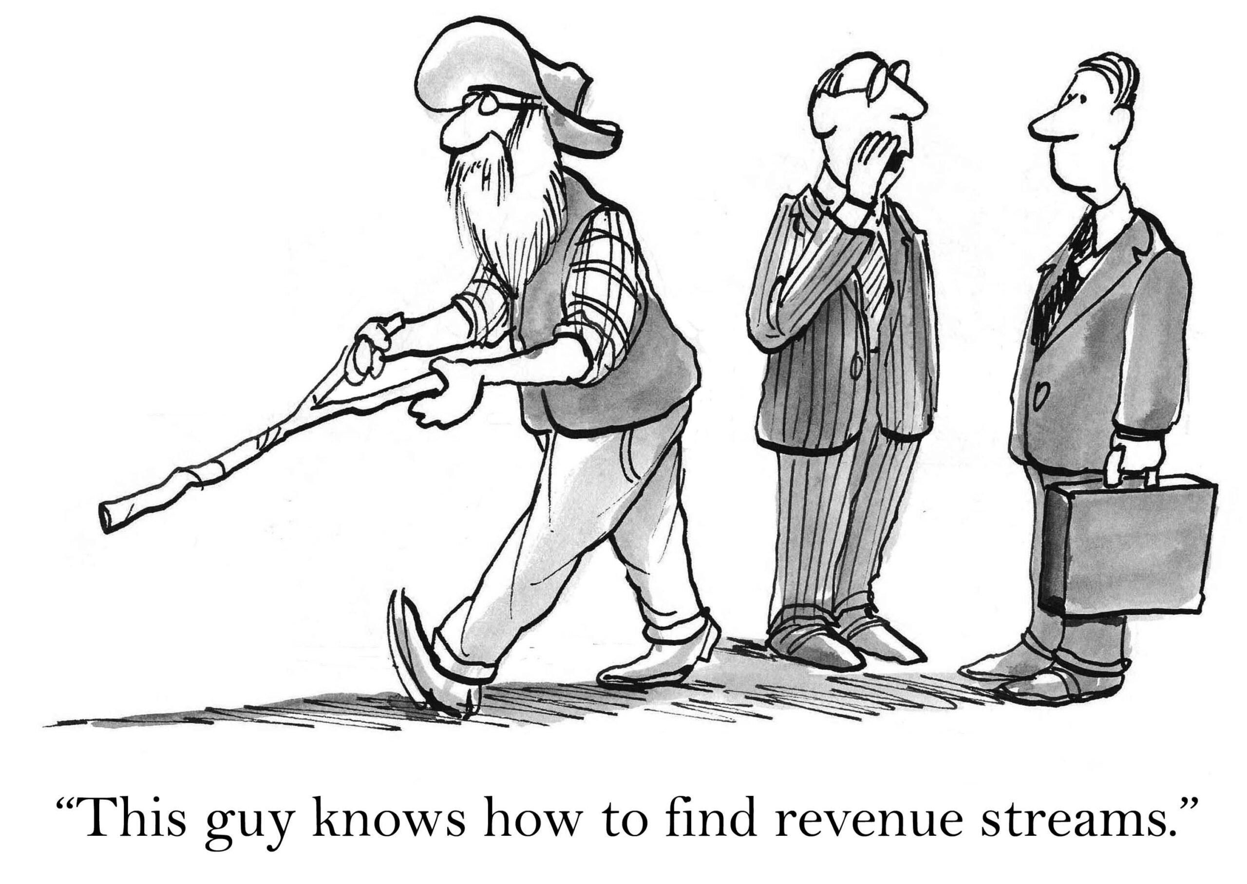 Business cartoon depicting a pioneer with a divining rod. Businessman says to peer, 