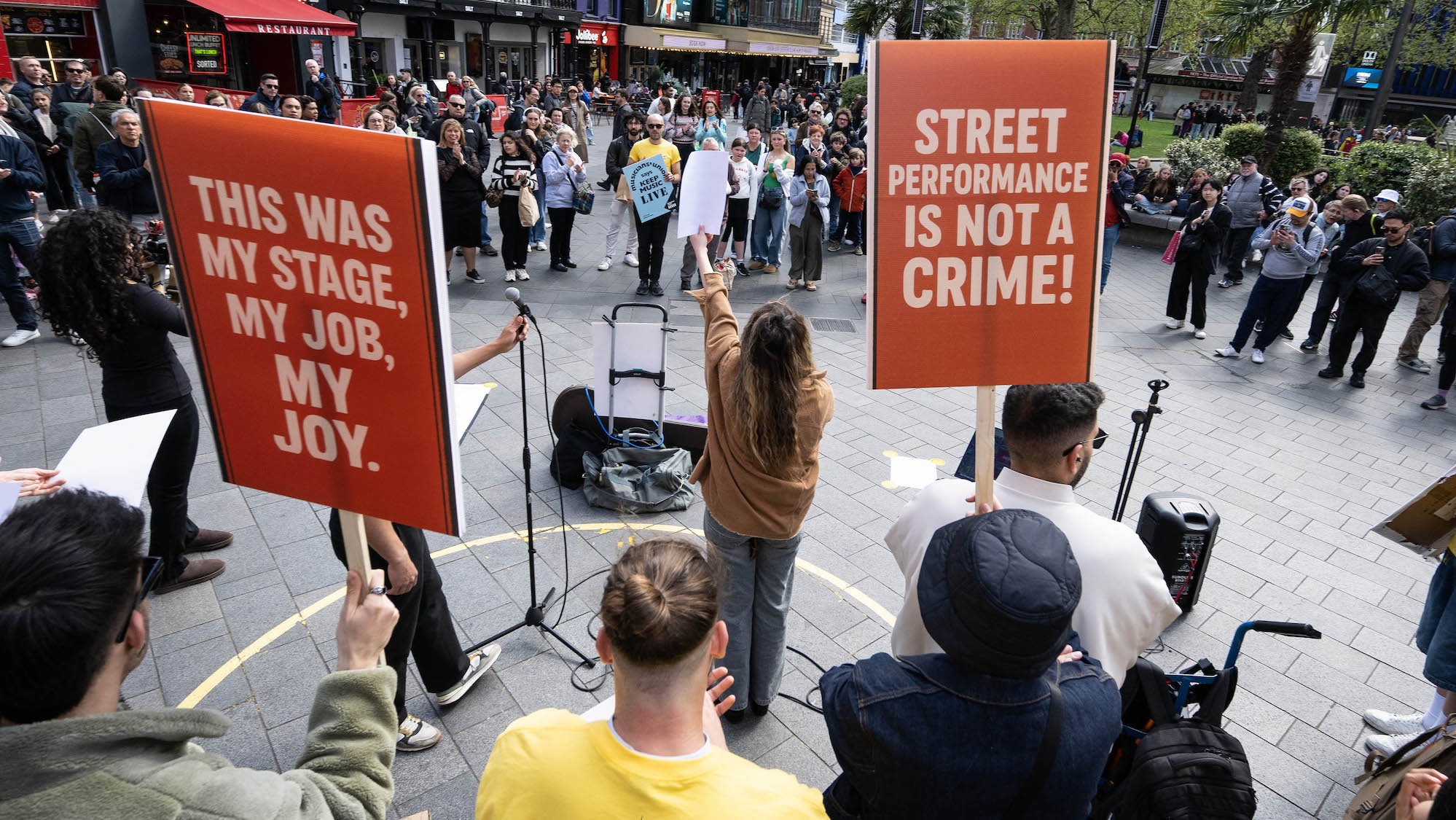 EDITORIAL USE ONLY
Over 30 musicians gather in London’s Leicester Square as the Musicians' Union campaigns ahead of Westminster City Council’s announcement tomorrow of its decision on whether to appeal the City of London Magistrates' Court ‘statutory nuisance’ judgement. Picture date: Wednesday April 16, 2025. PA Photo. In March, Westminster City Council were served with a noise abatement notice. The protest aims to urge the council to appeal the decision and to liaise closely with the musicians to avoid the eradication of street entertainment from the West End. Photo credit should read: Jeff Spicer/PA Media Assignments
