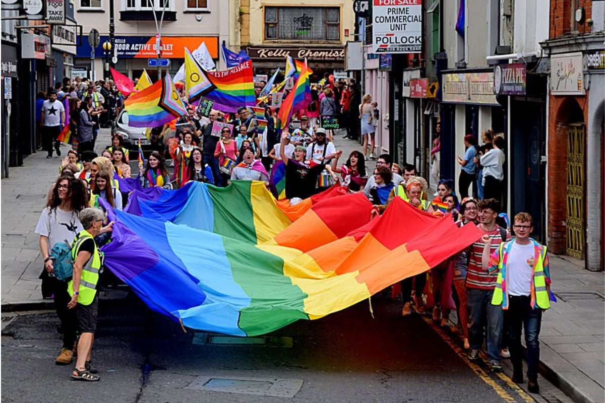 Pride Parade 2023, Omagh 
The rainbow flag is  flag carried along Bridge Street

  © Copyright Kenneth Allen