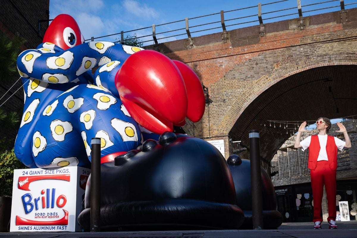 Artist Philip Colbert brings his lobster alter ego to life at ‘Lobster Yards’ in Borough Yards, pictured with World Premiere of Seated Lobster Inflatable 