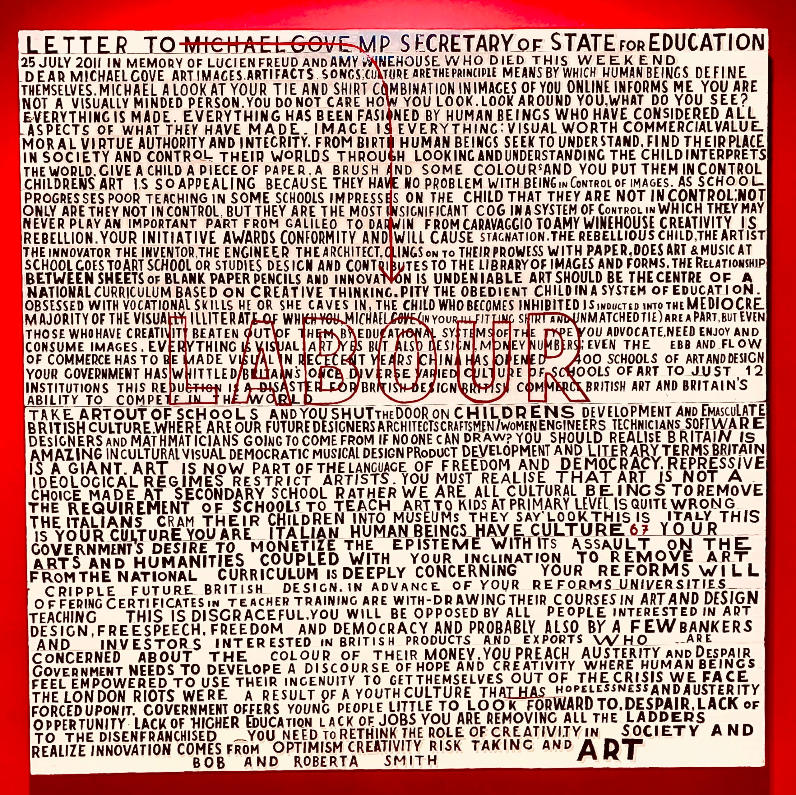Bob and Roberta Smith's painting Letter to Michael Gove / Labour