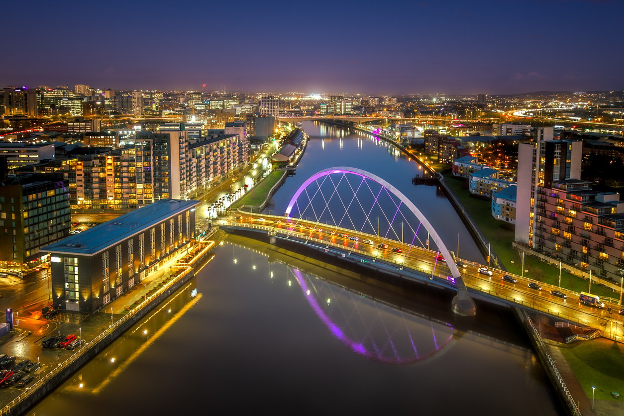 Aerial Clyde river Glasgow with Arc bridge, armadillo convention center and millenium