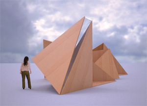 A woman stands next a triangular piece of modern art made of wood