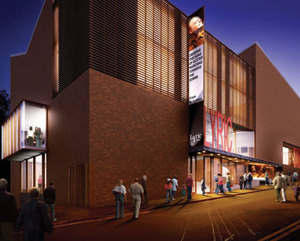 An artists impression of a brightly lit red brick theatre