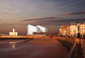 A big silver building on the sea front at Margate