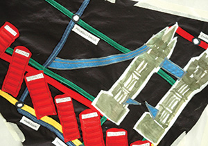 A London-centric embroidery collage (with red telephone boxes and the Tower of London)