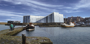 An artists impression of an arts centre at a harbour in Shetland