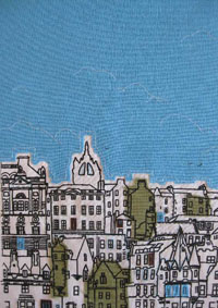 Example of work by Cassandra Harrison - buildings in the foreground; blue sky the background.