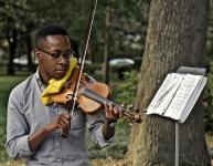 Man playing a violin in a park