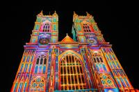 Westminster Abbey in London. Illuminated as part of the Lumiere London Light Show 2018