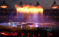 Rings on fire in the Olympic Stadium