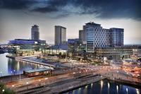 An evening view of Media City in Salford