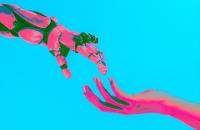 Graphic of human hand and robot hand reaching to touch each other