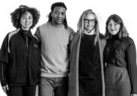 Black and white image of the new appointments standing together and smiling at the camera. L to R: Clémentine Bedos, Jerome Ince-Mitchell, Stacie McCormick, Jenny Mc Namara
