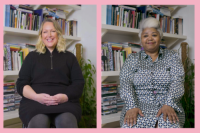Sharon Gilburd and Yvonne Connikie, co-Chairs of National Theatre Wales. Image edited together with a pink frame. They are photographed in the same place, with shelves full of books behind them. Gilburd is a white woman with blonde hair wearing a black dress, while Connikie is a Black woman with white/grey hair wearing a blue, black + white patterned dress.
