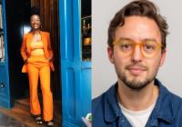 Two images edited together. First image is a black woman standing in a doorway. She is wearing an orange trousersuit, with hands in her pockets. She wears glasses, her hair is tied up and she is smiling widely. Second image is a white man wearing yellow/orange glasses. He has floppy brown hair and a brown beard. He is wearing a white tshirt and dark blue shirt. He is looking at the camera.