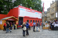 People standing near the Assembly box office at the Edinburgh Fringe Festival