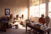Artist Grayson Perry, a former ACME tenant, in his studio at Carpenters Road 1994-5.