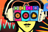 Bright coloured-graphic depicting someone wearing headphones with speakers over their eyes. Created on DALL·E 2023.
