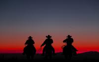 A photo of cowboys against a red sunset