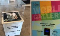 Photos of a transparent donations box and a multi-coloured contactless donations box