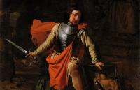 A photo of a man holding a sword over a painting and a fallen statue