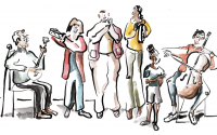 cartoon drawing of people playing musical instruments