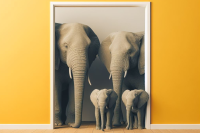 4 elephants coming through a doorway. Image generated with AI