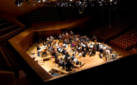 an orchestra rehearses in an auditorium