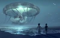 two children at dusk on a beach holding hands and looking at what looks like a jellyfish in the sky