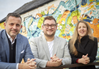 Max May, centre, is pictured in Hull’s Fruit Market creative quarter with HEY Creative Chair Dominic Gibbons (left) and Vice-Chair Janthi Mills-Ward (right)