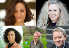 Headshots of the new trustees at LIFT edited together. Left-Right: Geoliane Arab, Georgie Black, Jessica Parker, Charlotte Swain, Robin Saphra.
