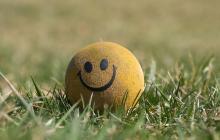 A photo of a ball with a smiley face on it on some grass