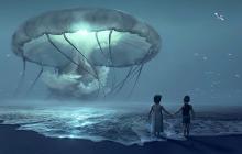 two children at dusk on a beach holding hands and looking at what looks like a jellyfish in the sky