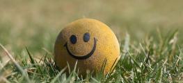 A photo of a ball with a smiley face on it on some grass