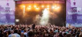 A crowd watching the stage at the Godiva Festival 2018
