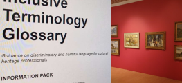 The title page of the inclusive terminology glossary against the background of Paintings in The Potteries Museum & Art Gallery