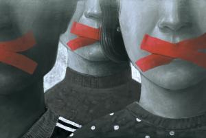 Image of three faces with mouths taped closed