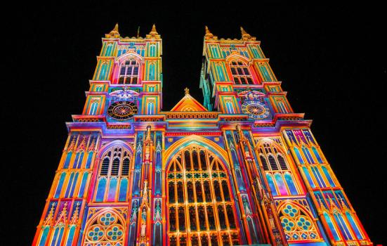 Westminster Abbey in London. Illuminated as part of the Lumiere London Light Show 2018