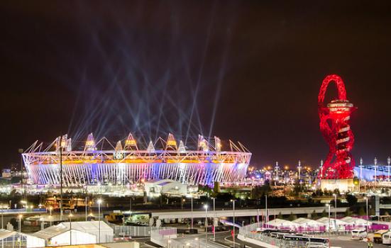 Olympic stadium and The Orbit sculpture during London Olympics opening ceremony