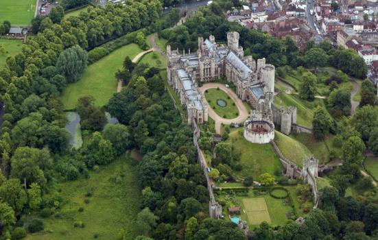 Arundel Castle, West Sussex, England as seen from a light aircraft.