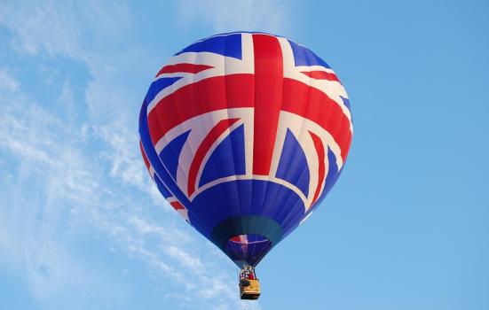 Floating union Jack hot air balloon
