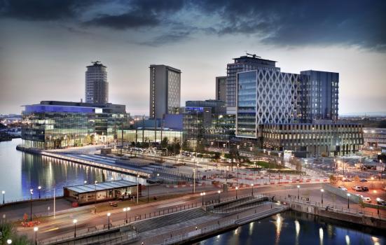 An evening view of Media City in Salford