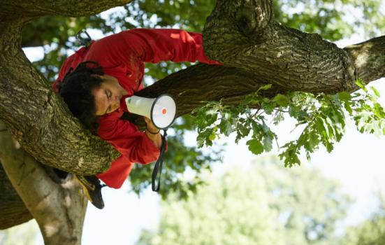 A person lying in a tree using a megaphone